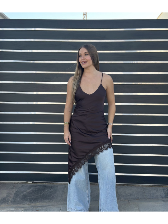 VESTIDO LENCERO ASIMÉTRICO MARRÓN