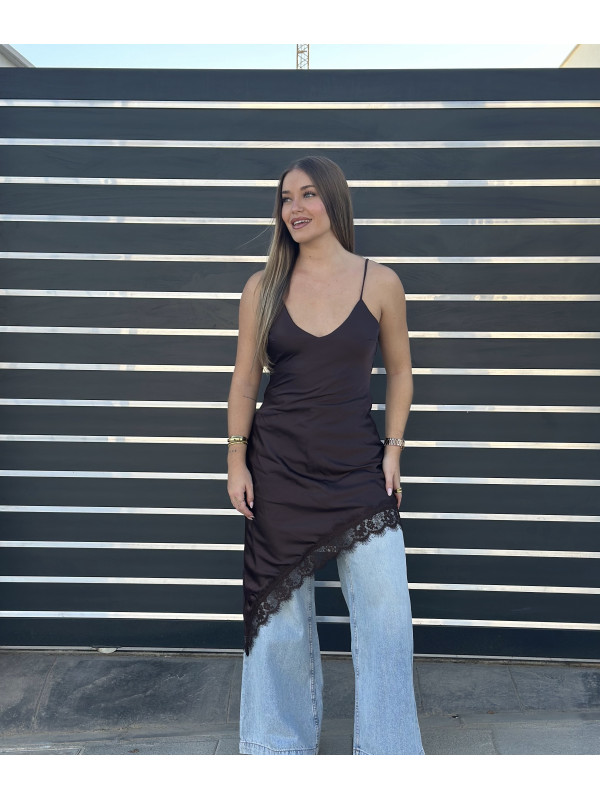 VESTIDO LENCERO ASIMÉTRICO MARRÓN